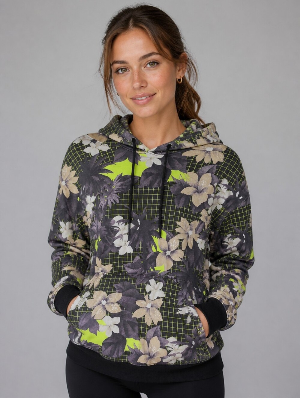 Nike Women’s Floral Grid Hoodie in Neon Yellow & Gray